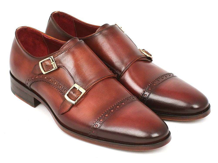 Paul Parkman Men's Cap-Toe Double Monkstraps Camel & Light Brown (ID#0457-CML) - WKshoes