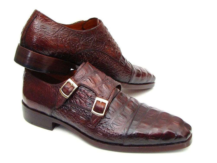 Paul Parkman Double Monkstraps Brown & Bordeaux Crocodile Embossed Calfskin - WKshoes