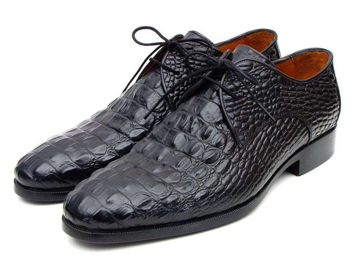 Paul Parkman Black Crocodile Embossed Derby Shoes - WKshoes