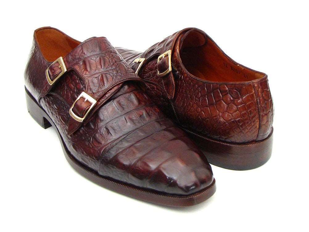 Paul Parkman Double Monkstraps Brown & Bordeaux Crocodile Embossed Calfskin - WKshoes