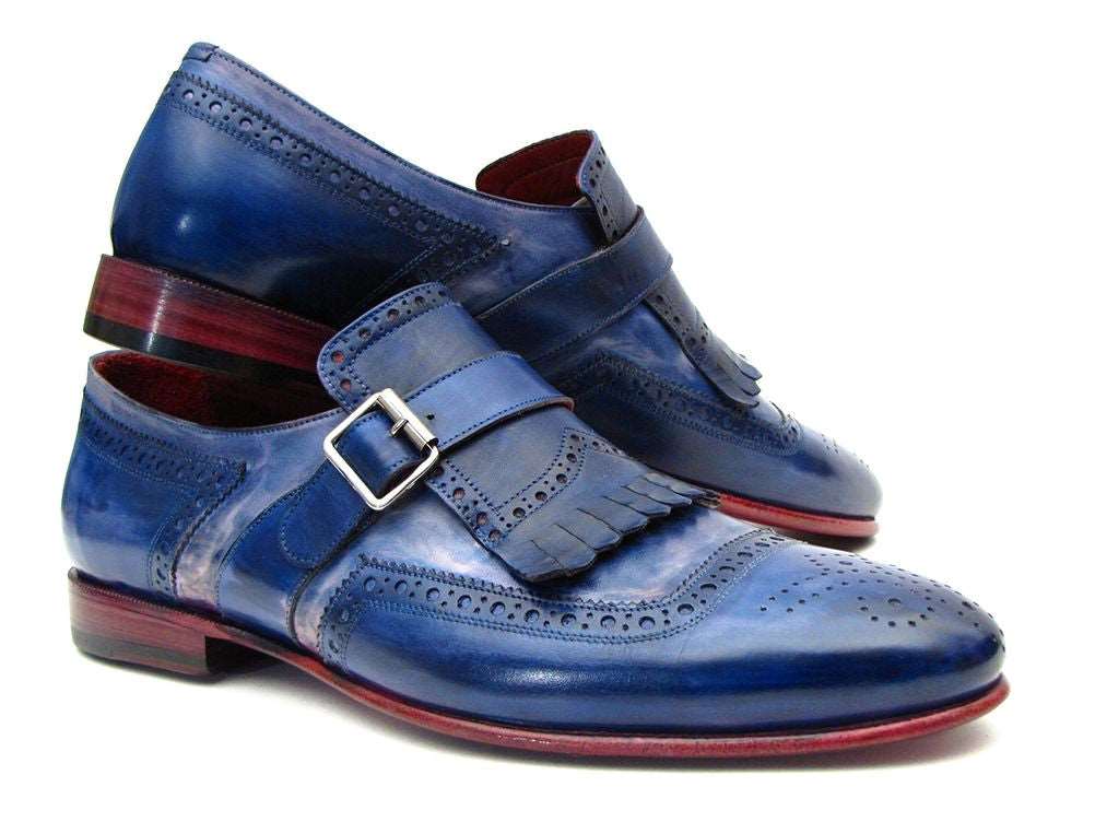 Paul Parkman Kiltie Monkstrap Shoes Dual Tone Blue Leather (ID#12BL78) - WKshoes