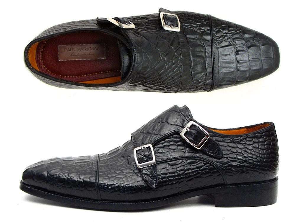 Paul Parkman Double Monkstraps Black Crocodile Embossed - WKshoes