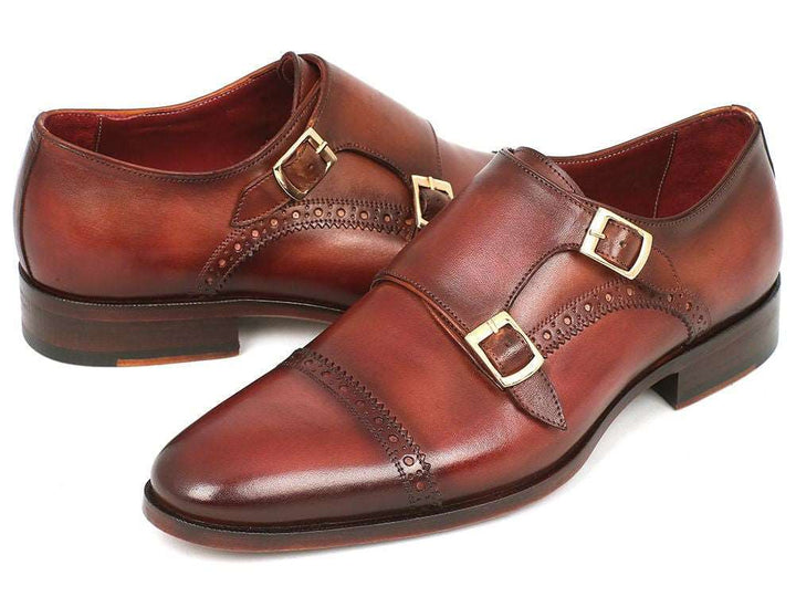 Paul Parkman Men's Cap-Toe Double Monkstraps Camel & Light Brown (ID#0457-CML) - WKshoes