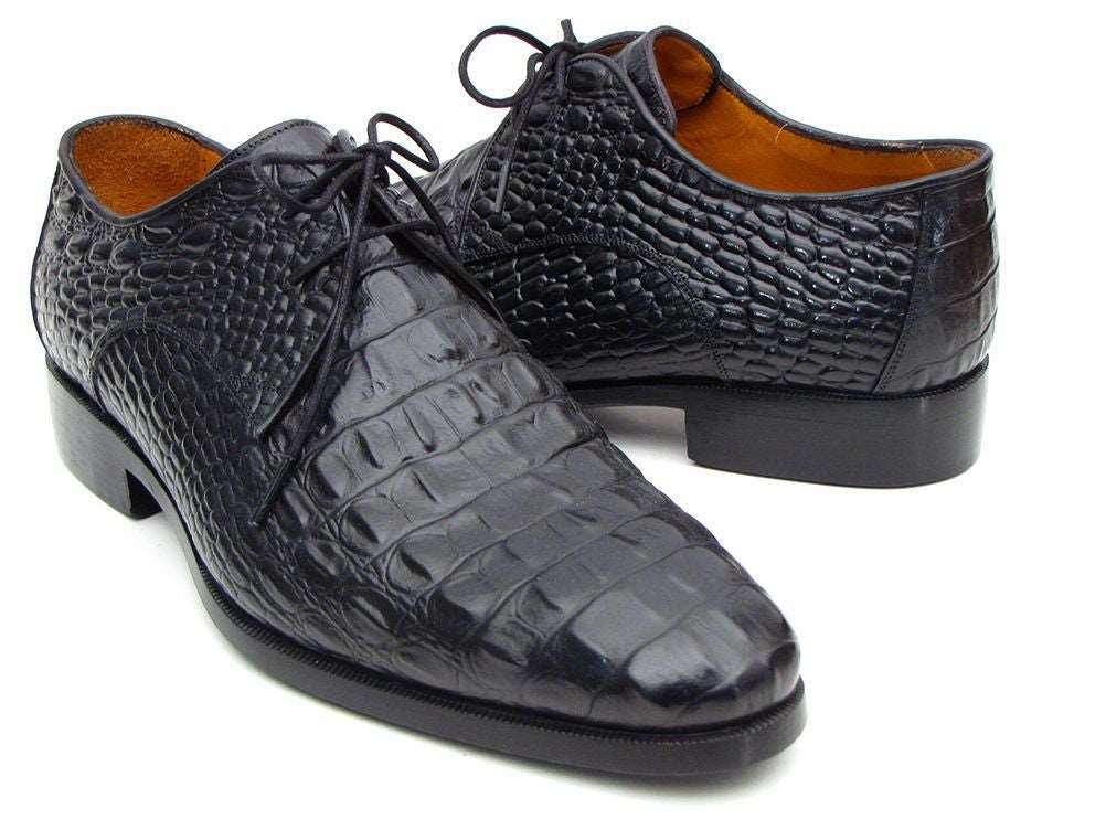 Paul Parkman Black Crocodile Embossed Derby Shoes - WKshoes