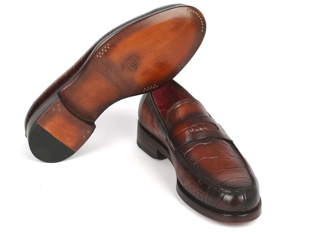 Paul Parkman Brown Crocodile Calfskin Penny Loafers - WKshoes