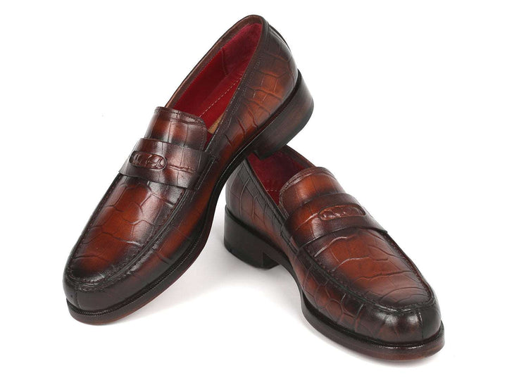 Paul Parkman Brown Crocodile Calfskin Penny Loafers - WKshoes