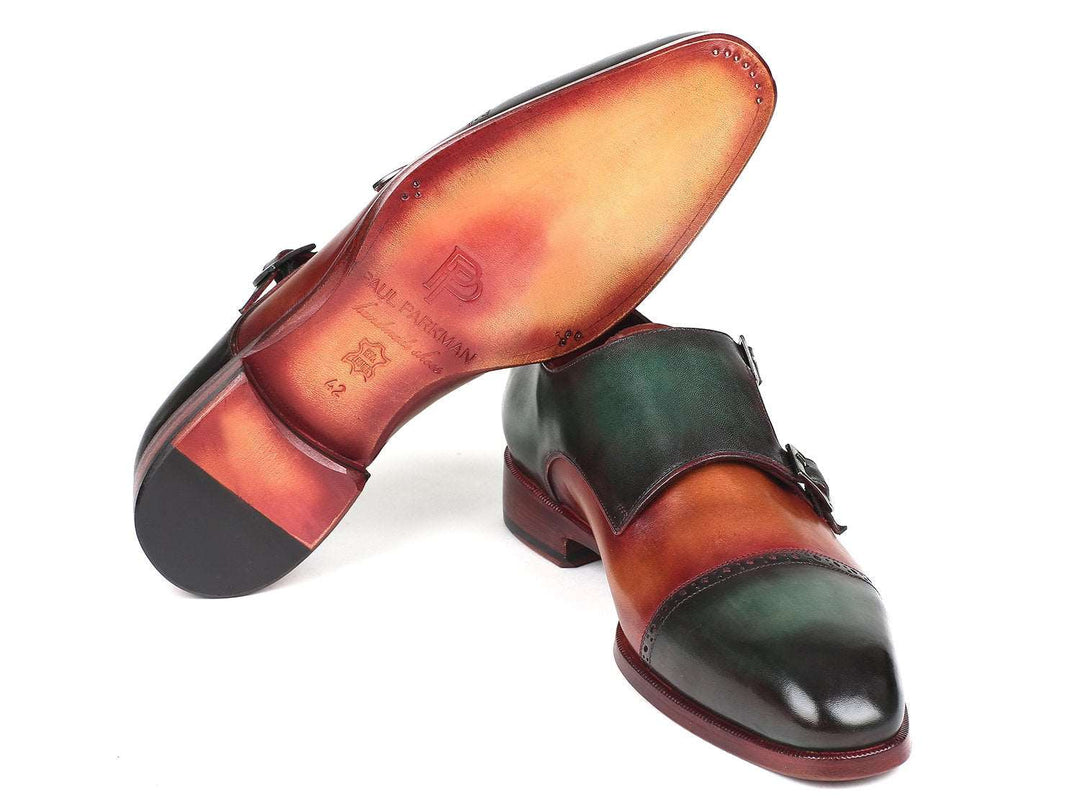 Paul Parkman Captoe Double Monkstraps Green & Camel (ID#045GC61) - WKshoes