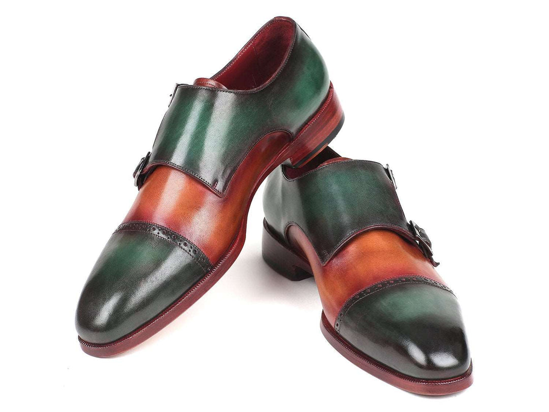 Paul Parkman Captoe Double Monkstraps Green & Camel (ID#045GC61) - WKshoes