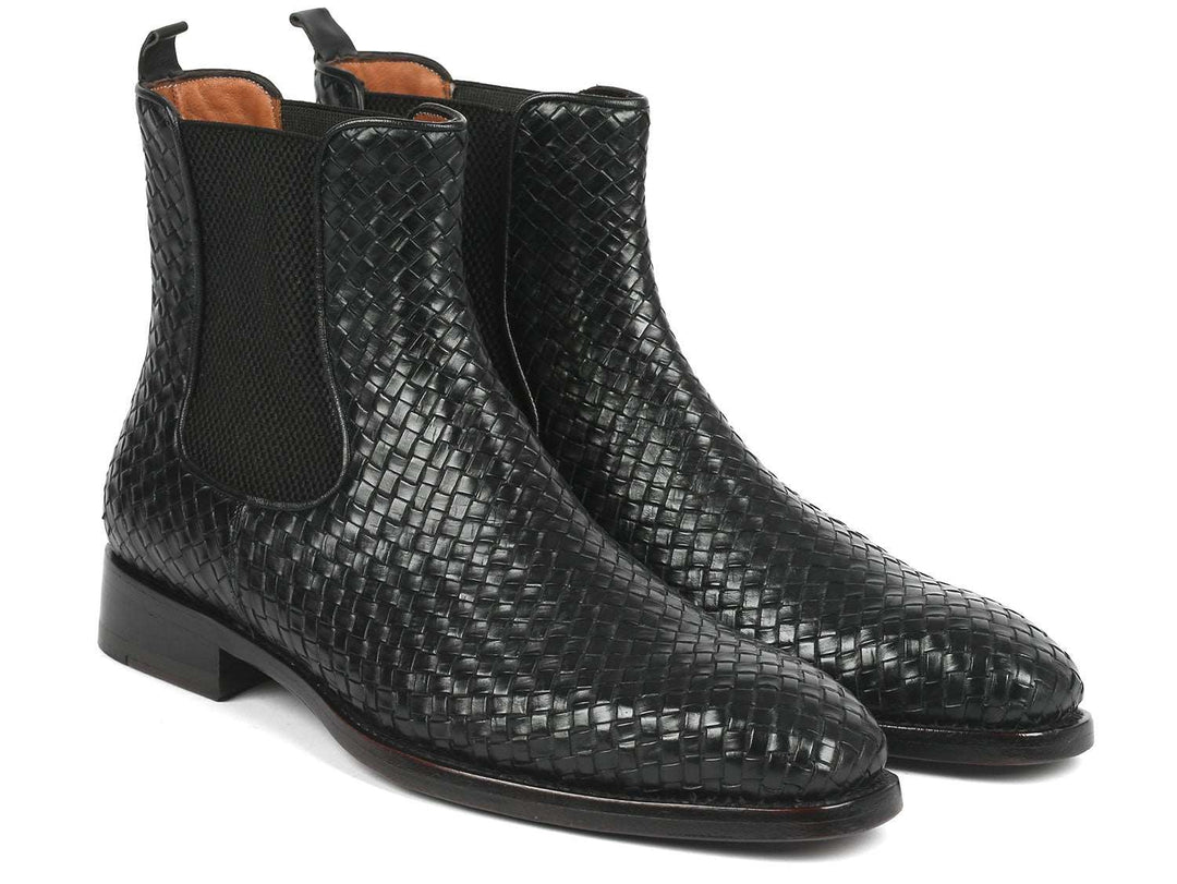 Paul Parkman Black Woven Leather Chelsea Boots - WKshoes