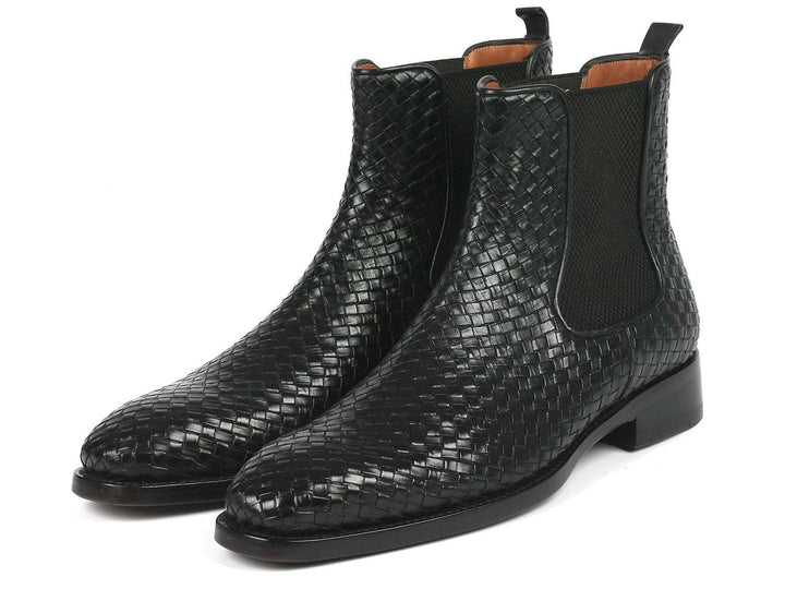 Paul Parkman Black Woven Leather Chelsea Boots - WKshoes