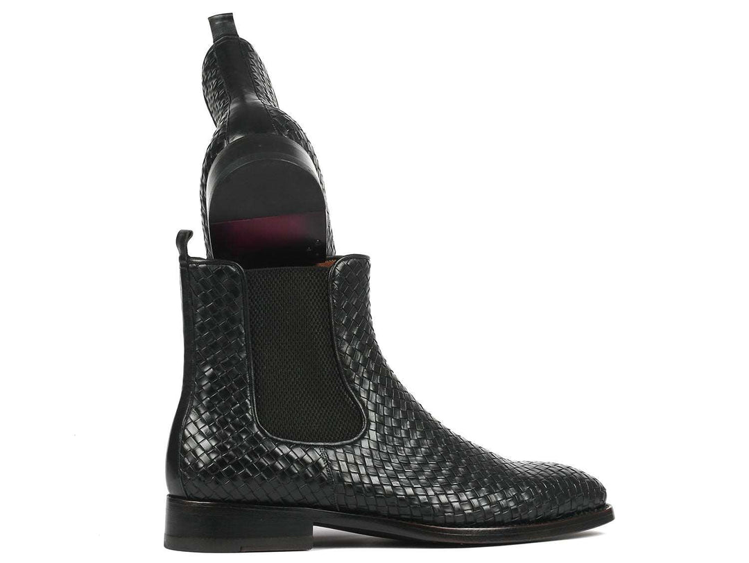 Paul Parkman Black Woven Leather Chelsea Boots - WKshoes