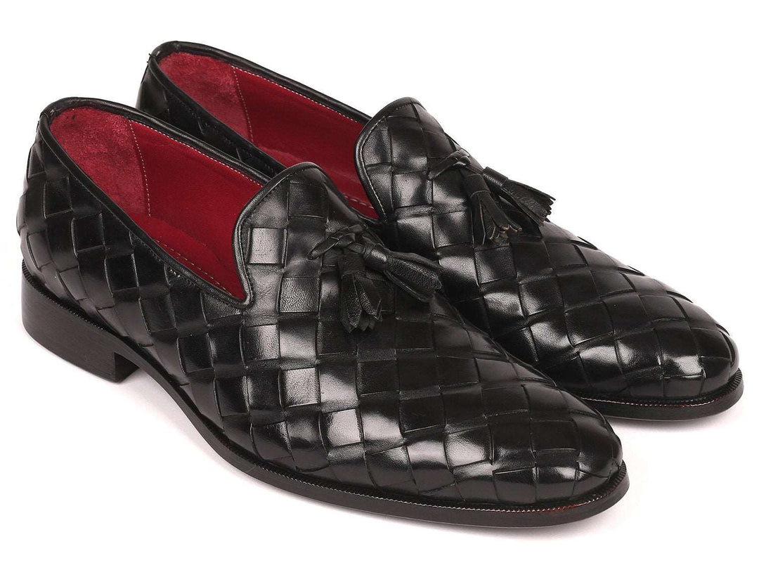 Paul Parkman Men's Big Braided Tassel Loafers Black (ID#6623-BLK) - WKshoes