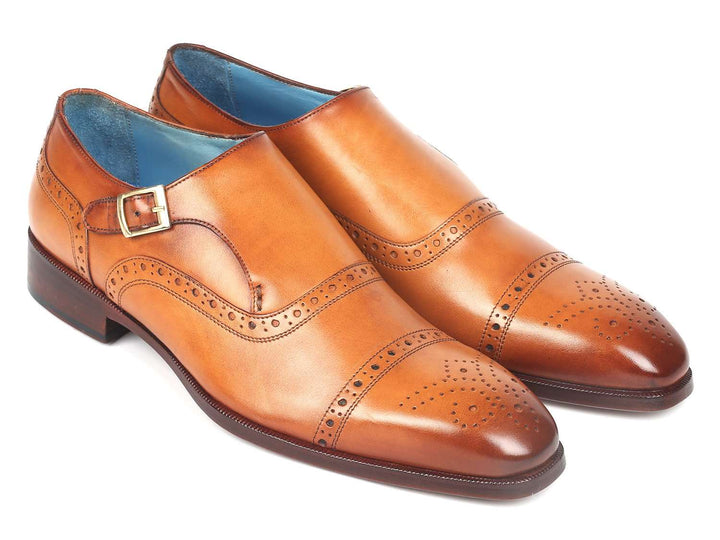 Paul Parkman Men's Cap Toe Monkstrap Shoes Cognac (ID#65CGN97) - WKshoes