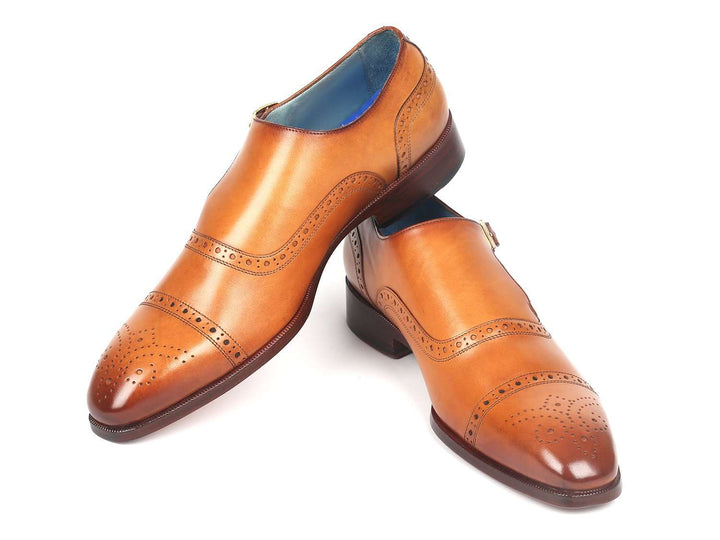 Paul Parkman Men's Cap Toe Monkstrap Shoes Cognac (ID#65CGN97) - WKshoes