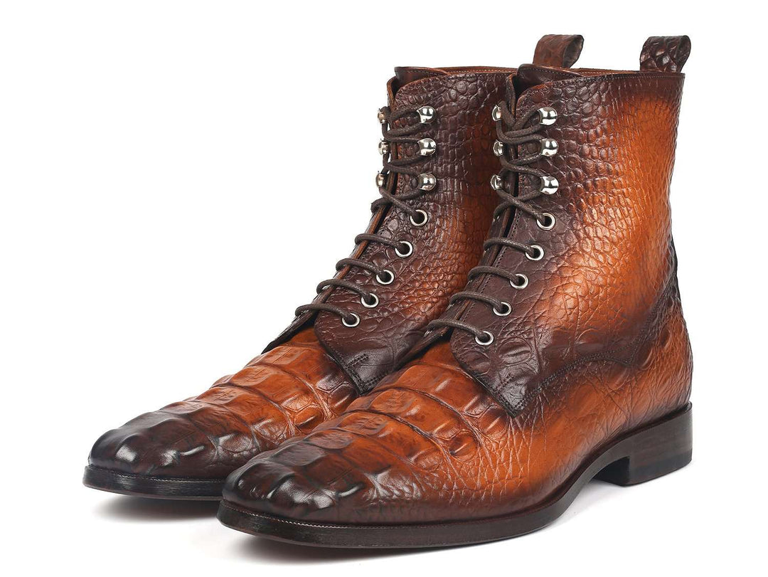 Paul Parkman Men's Brown Croco Embossed Leather Lace-Up Boots (ID#BT744-BRW) - WKshoes