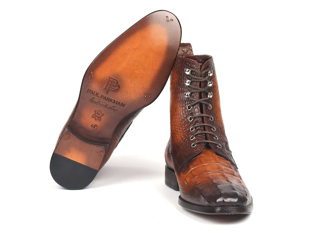 Paul Parkman Men's Brown Croco Embossed Leather Lace-Up Boots (ID#BT744-BRW) - WKshoes