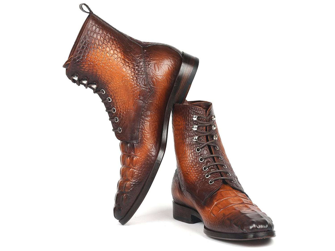 Paul Parkman Men's Brown Croco Embossed Leather Lace-Up Boots (ID#BT744-BRW) - WKshoes