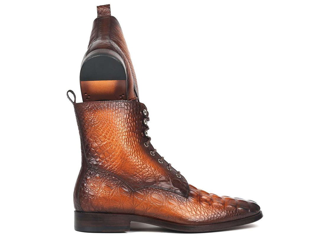 Paul Parkman Men's Brown Croco Embossed Leather Lace-Up Boots (ID#BT744-BRW) - WKshoes