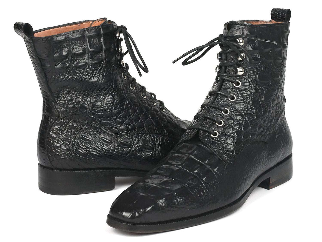 Paul Parkman Men's Black Croco Embossed Leather Lace-Up Boots (ID#BT744-BLK) - WKshoes