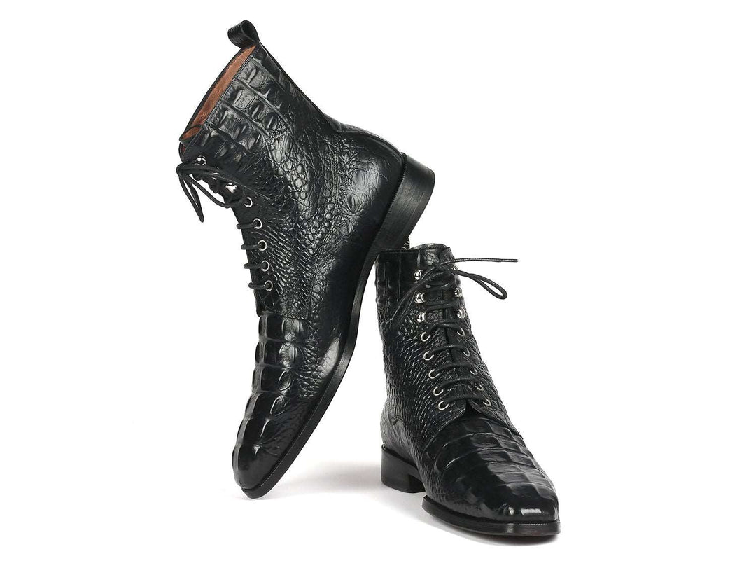 Paul Parkman Men's Black Croco Embossed Leather Lace-Up Boots (ID#BT744-BLK) - WKshoes