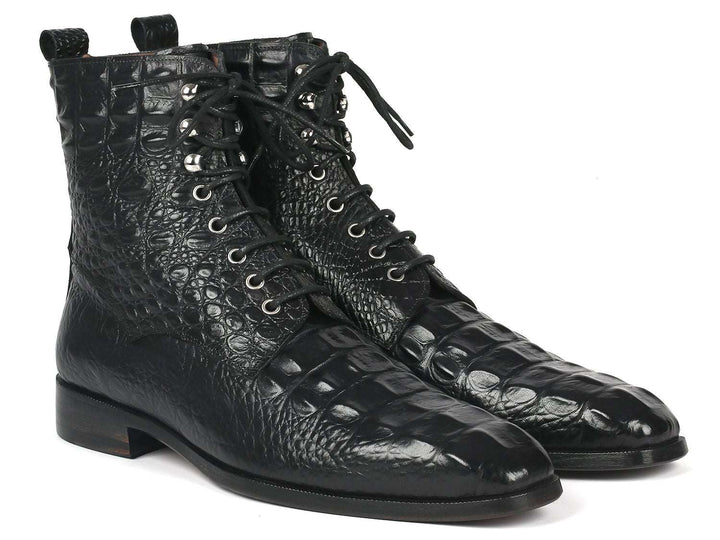 Paul Parkman Men's Black Croco Embossed Leather Lace-Up Boots (ID#BT744-BLK) - WKshoes