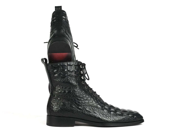 Paul Parkman Men's Black Croco Embossed Leather Lace-Up Boots (ID#BT744-BLK) - WKshoes