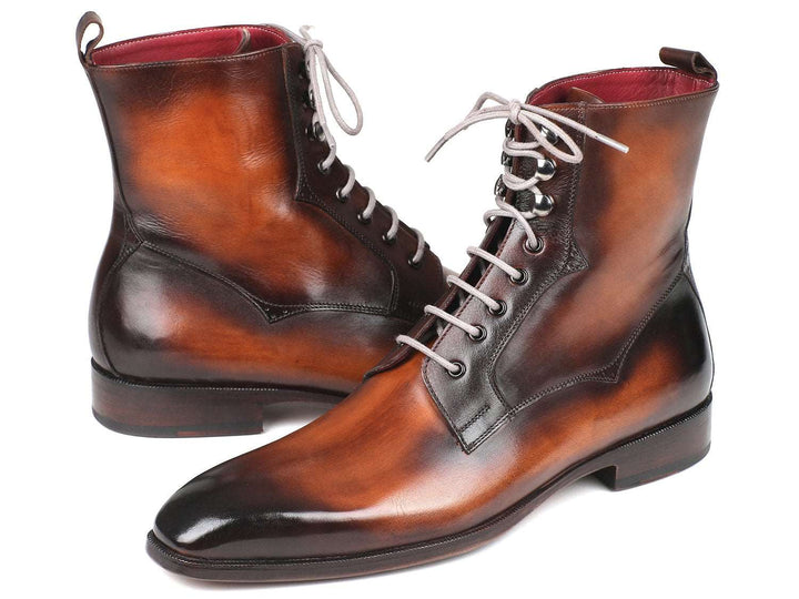 Paul Parkman Men's Brown Burnished Leather Lace-Up Boots (ID#BT534-BRW) - WKshoes