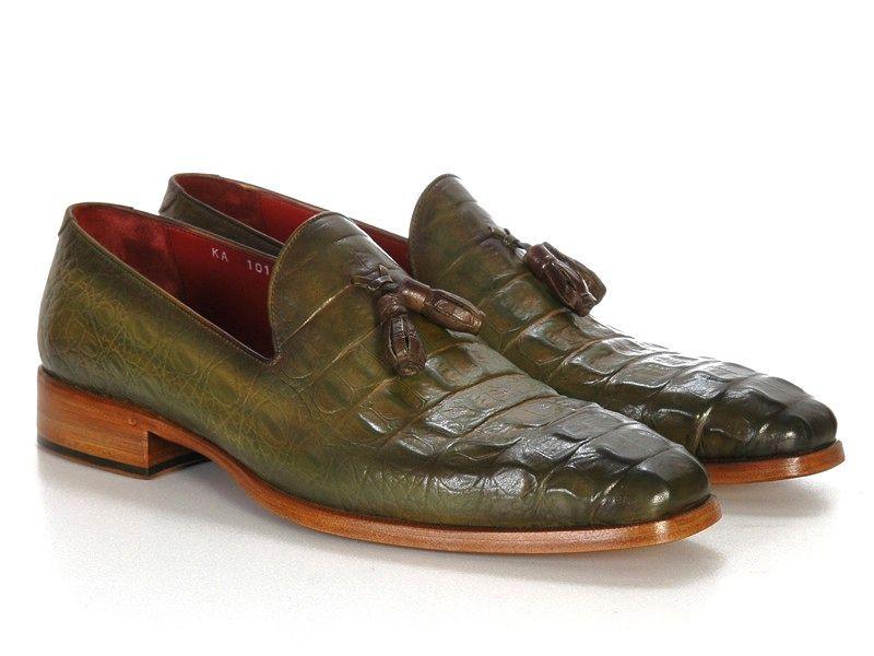 Paul Parkman Green Crocodile Embossed Tassel Loafer - WKshoes