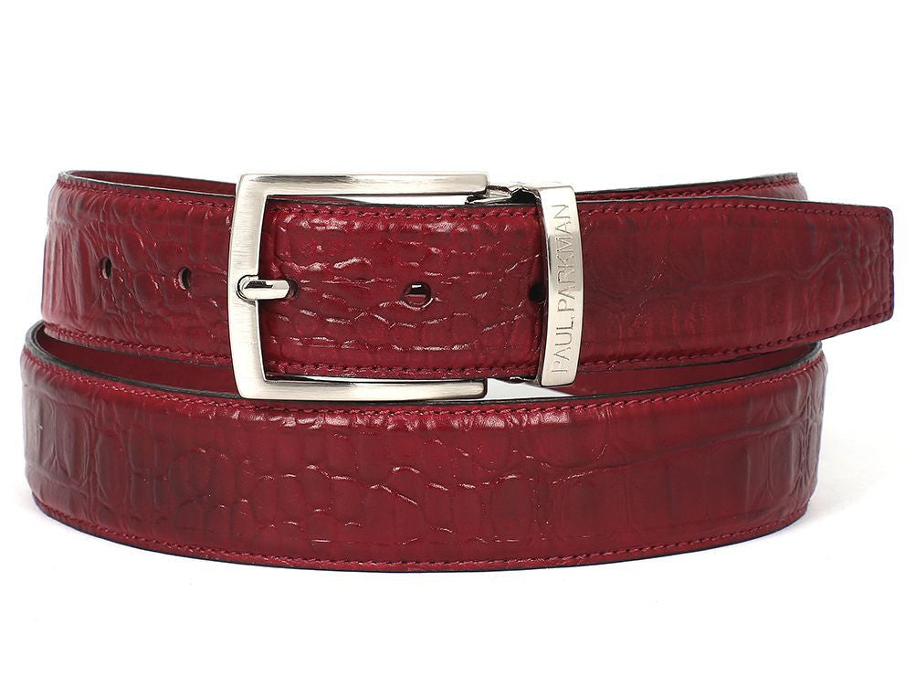 PAUL PARKMAN Men's Croc Embossed Calfskin Belt Burgundy (ID#B02-BUR) - WKshoes