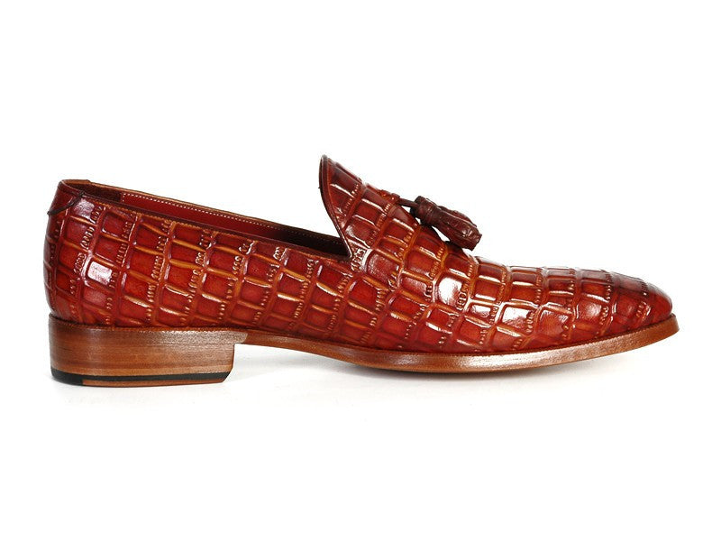 Paul Parkman Reddish Camel Crocodile Embossed Calfskin Tassel Loafer - WKshoes