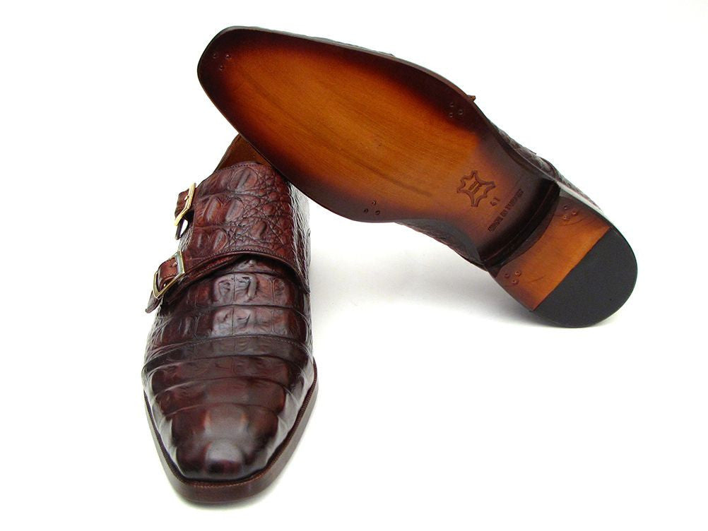 Paul Parkman Double Monkstraps Brown & Bordeaux Crocodile Embossed Calfskin - WKshoes