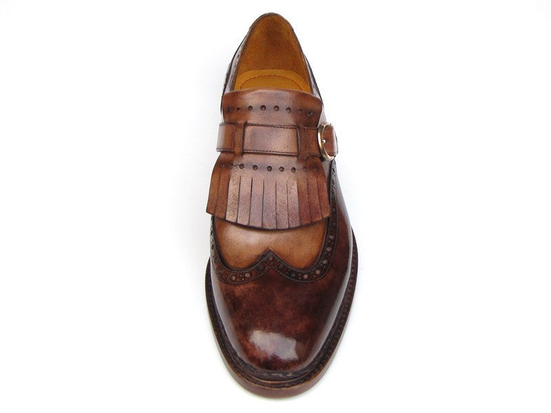 Paul Parkman Men's Wingtip Monkstrap Brogues Brown Hand-Painted Leather Upper With Double Leather Sole (ID#060-BRW) - WKshoes