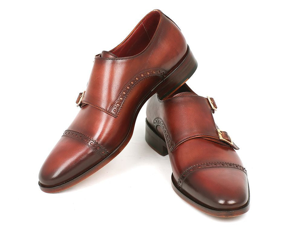 Paul Parkman Men's Cap-Toe Double Monkstraps Camel & Light Brown (ID#0457-CML) - WKshoes