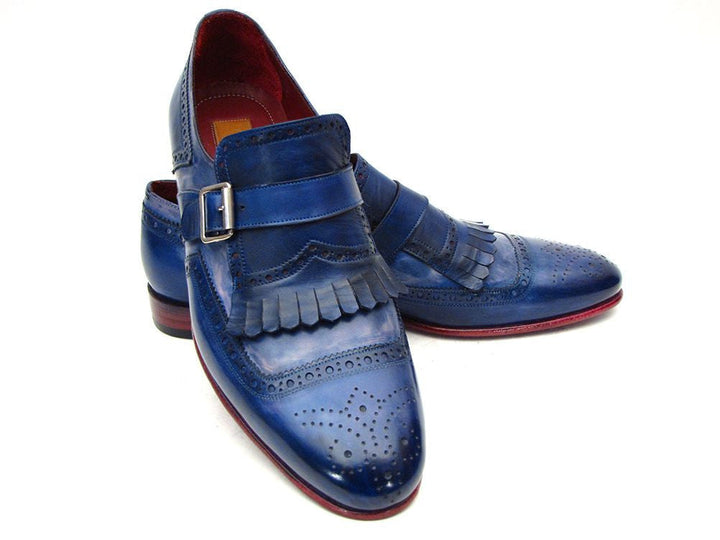 Paul Parkman Kiltie Monkstrap Shoes Dual Tone Blue Leather (ID#12BL78) - WKshoes