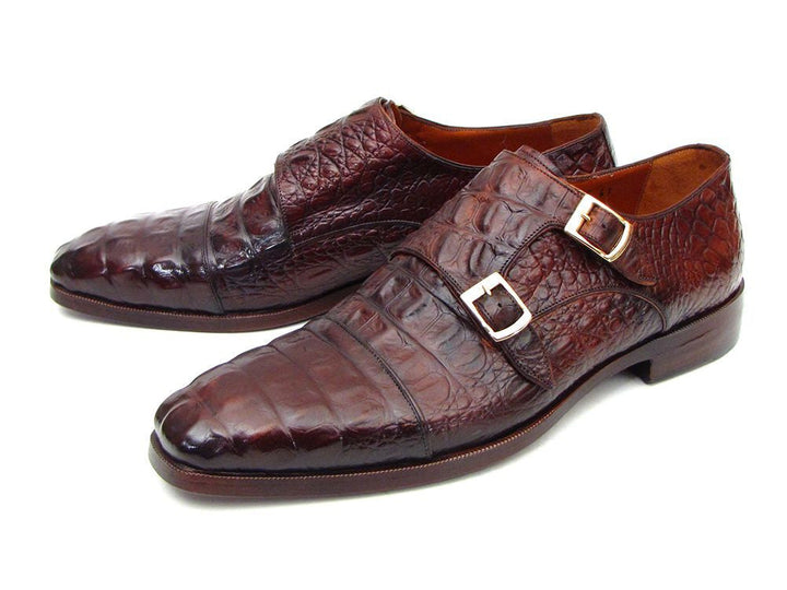 Paul Parkman Double Monkstraps Brown & Bordeaux Crocodile Embossed Calfskin - WKshoes