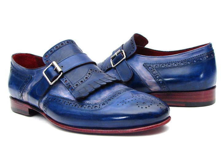 Paul Parkman Kiltie Monkstrap Shoes Dual Tone Blue Leather (ID#12BL78) - WKshoes