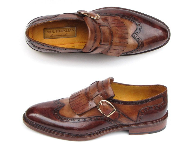 Paul Parkman Men's Wingtip Monkstrap Brogues Brown Hand-Painted Leather Upper With Double Leather Sole (ID#060-BRW) - WKshoes