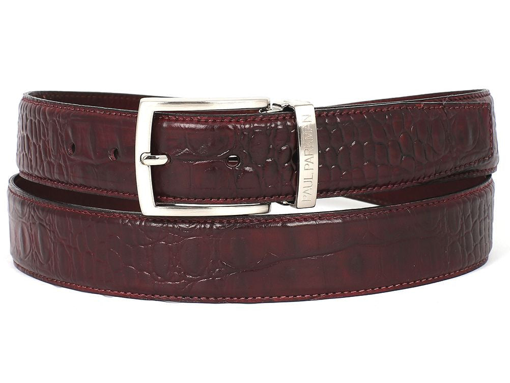 PAUL PARKMAN Men's Croc Embossed Calfskin Belt Dark Bordeaux (ID#B02-DBRD) - WKshoes