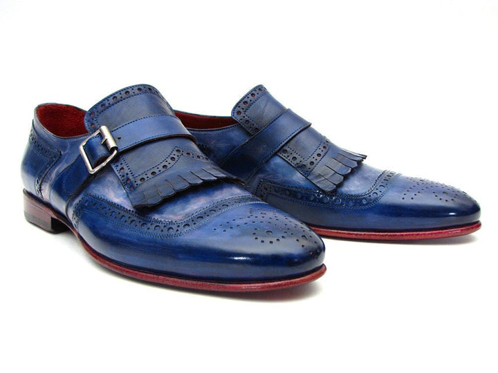 Paul Parkman Kiltie Monkstrap Shoes Dual Tone Blue Leather (ID#12BL78) - WKshoes