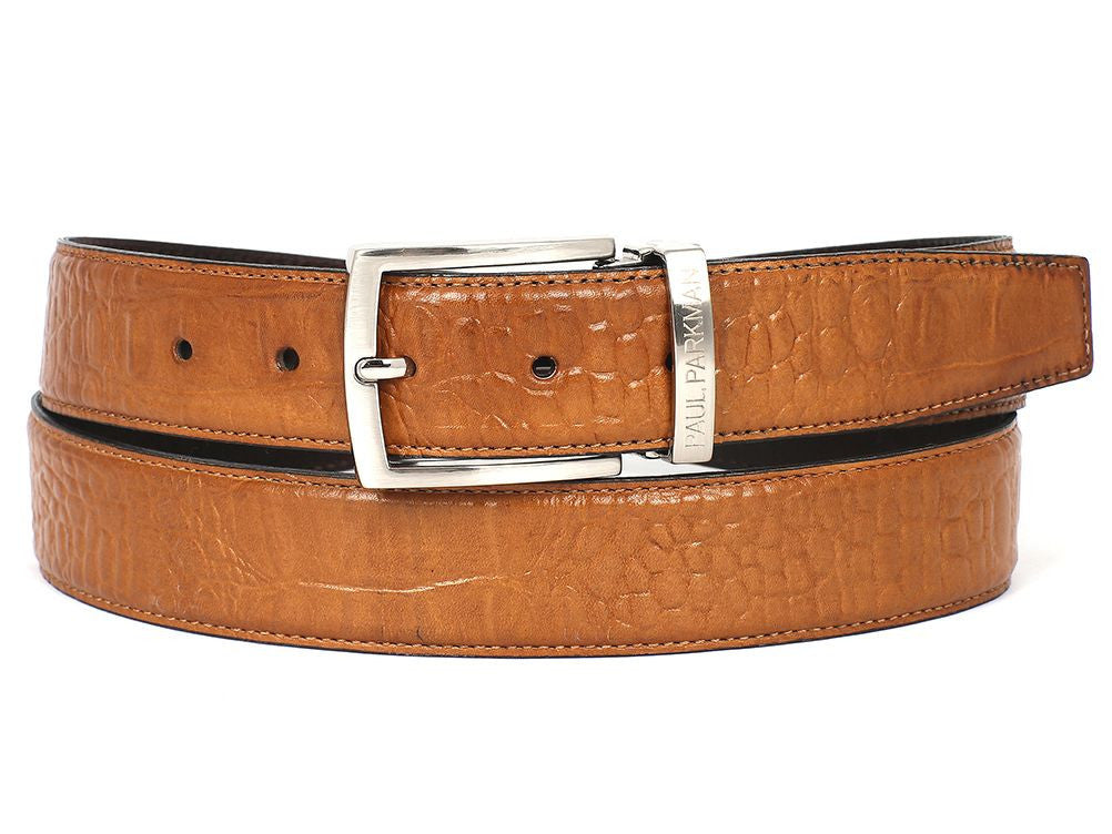 PAUL PARKMAN Men's Croc Embossed Calfskin Belt Camel (ID#B02-CML) - WKshoes