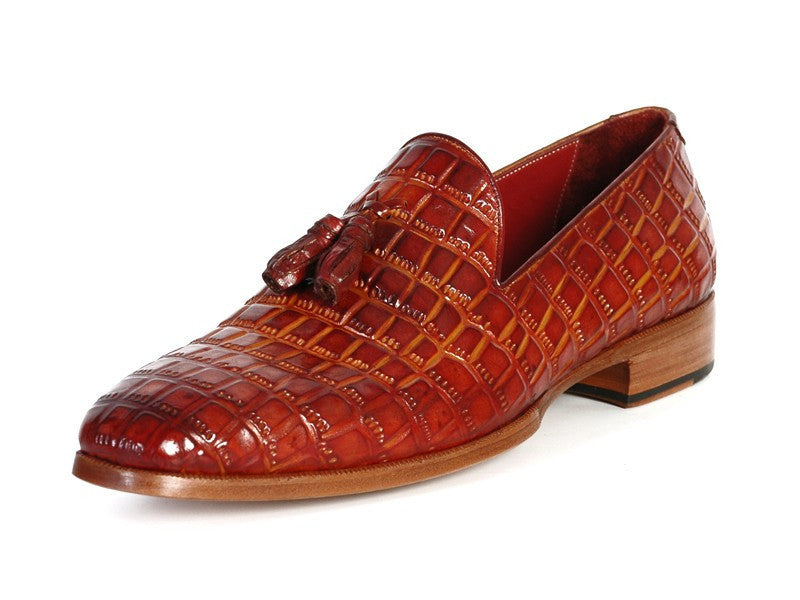 Paul Parkman Reddish Camel Crocodile Embossed Calfskin Tassel Loafer - WKshoes