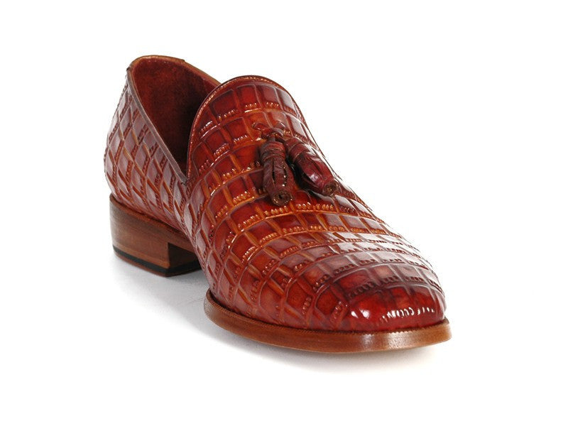 Paul Parkman Reddish Camel Crocodile Embossed Calfskin Tassel Loafer - WKshoes