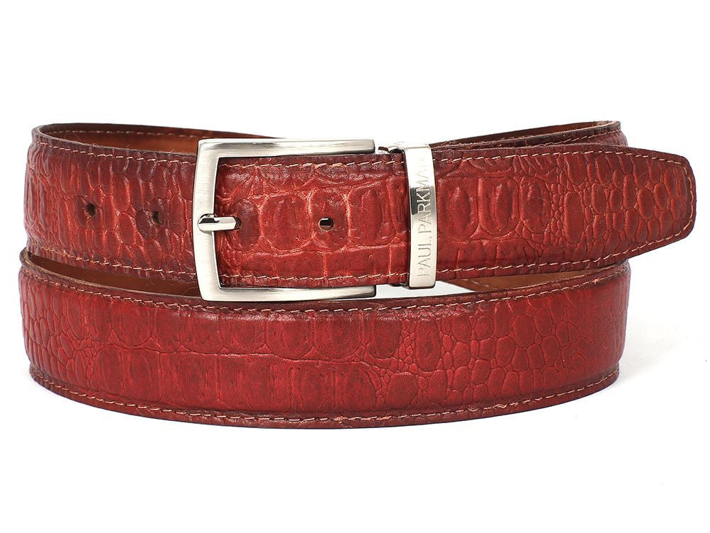 PAUL PARKMAN Men's Croc Embossed Calfskin Belt Reddish (ID#B02-RDH) - WKshoes