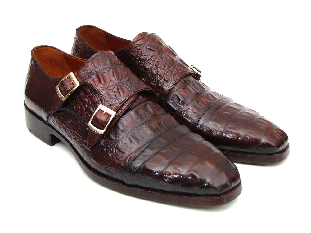 Paul Parkman Double Monkstraps Brown & Bordeaux Crocodile Embossed Calfskin - WKshoes