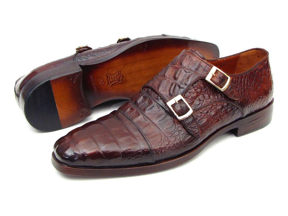 Paul Parkman Double Monkstraps Brown & Bordeaux Crocodile Embossed Calfskin - WKshoes