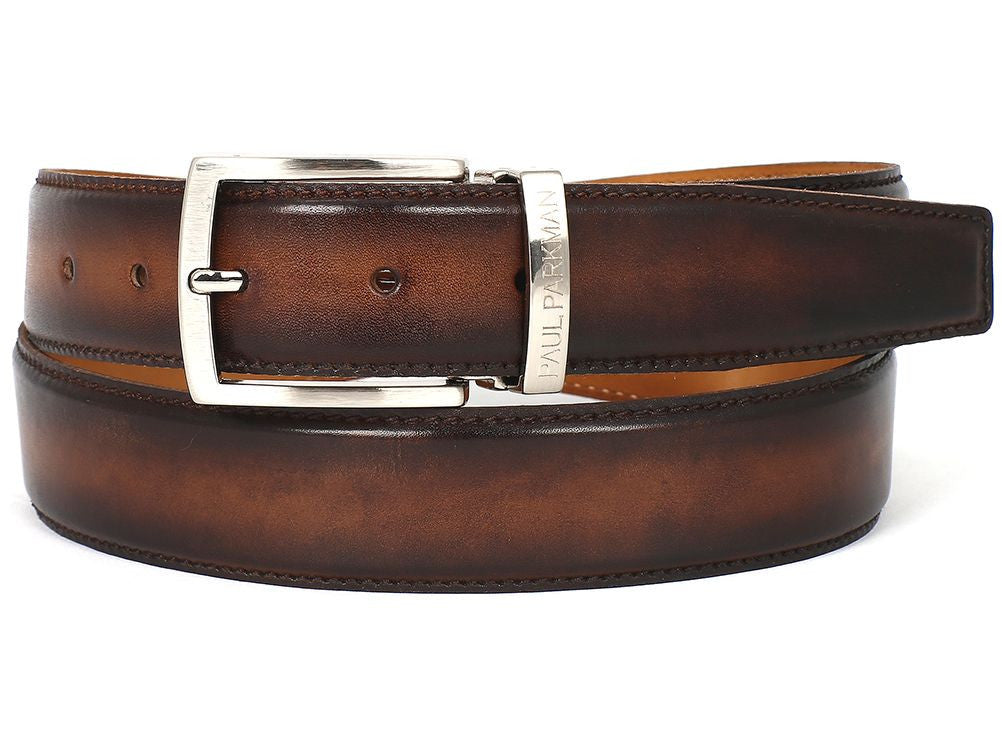 PAUL PARKMAN Men's Leather Belt Hand-Painted Brown and Camel (ID#B01-BRWCML) - WKshoes