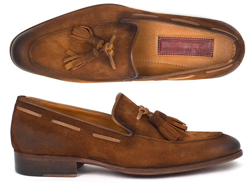 Paul Parkman Men's Tassel Loafer Brown Antique Suede Shoes - WKshoes