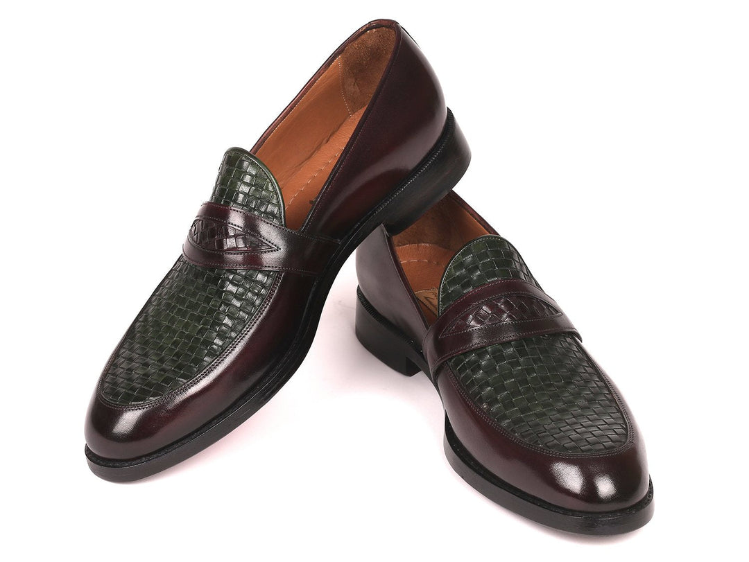 Paul Parkman Woven Leather Loafers Brown & Green (ID#548LF832) - WKshoes