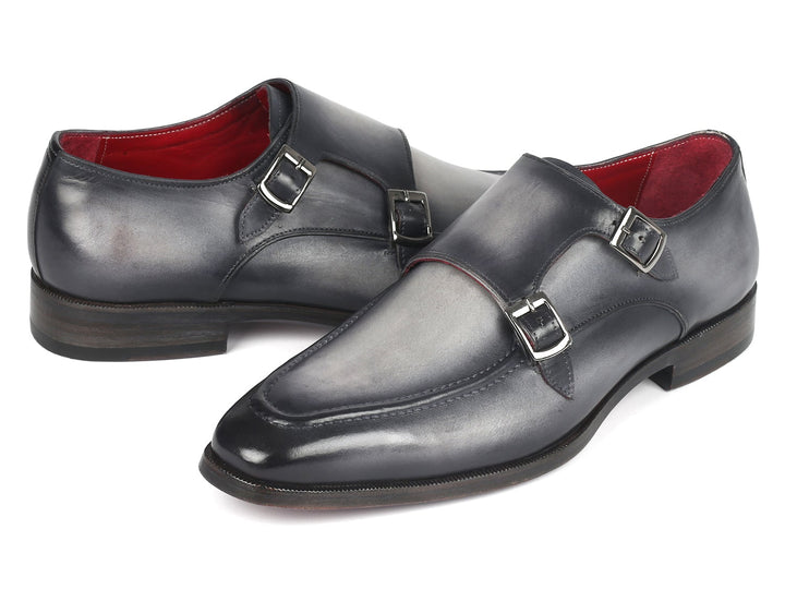 Paul Parkman Men's Gray Leather Double Monkstrap Shoes (ID#SW534GY) - WKshoes