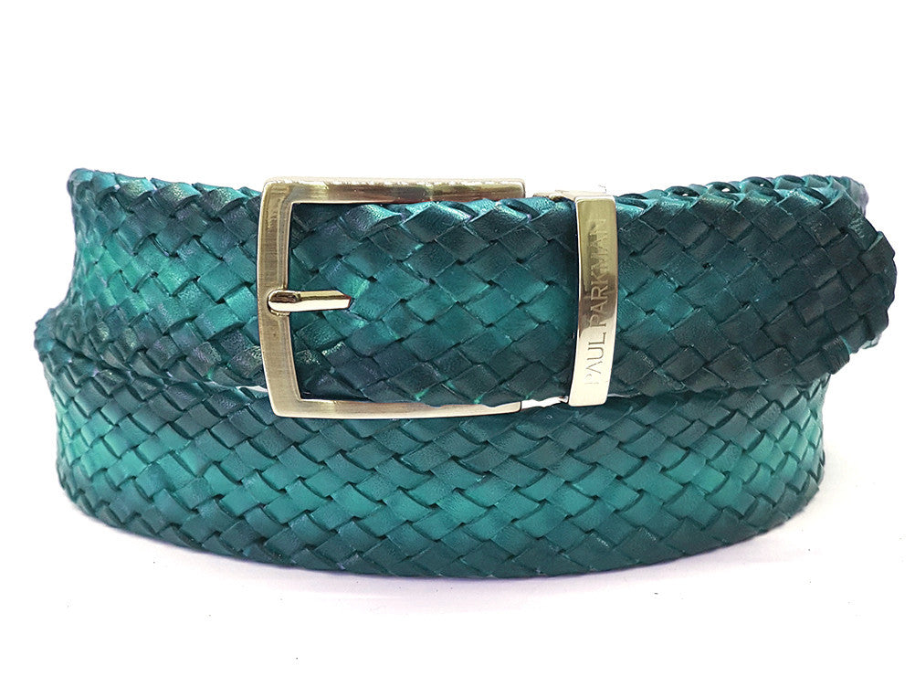 PAUL PARKMAN Men's Woven Leather Belt Turquoise (ID#B07-TRQ) - WKshoes